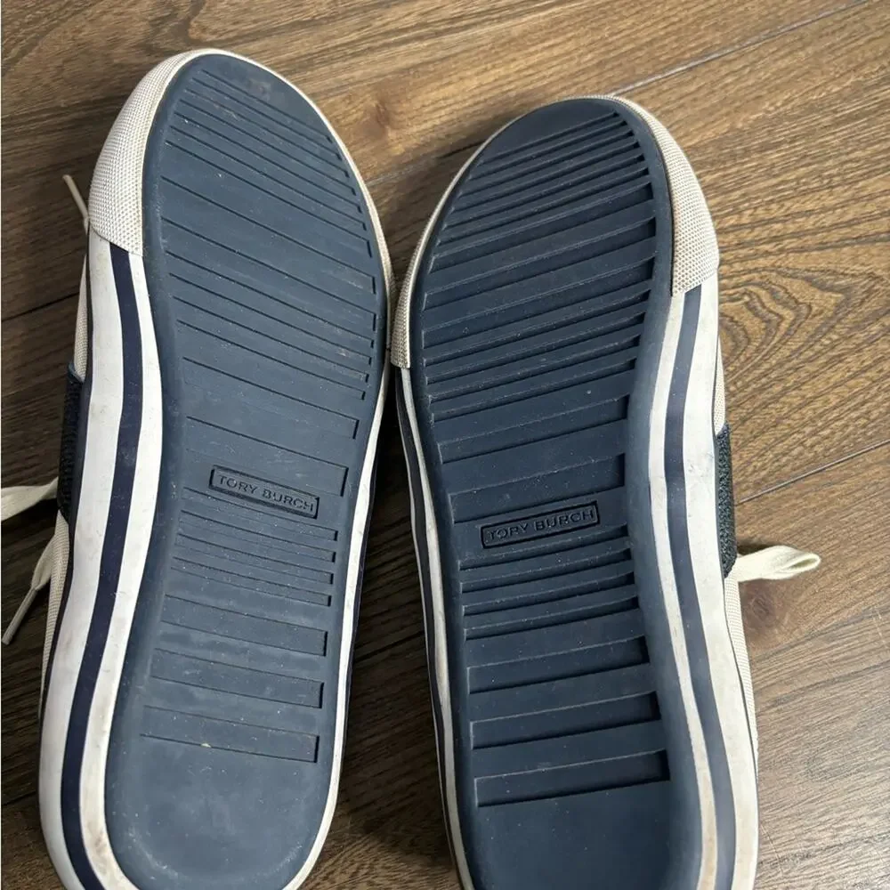Tory Burch White Navy Stripe Lace Up Sneakers Rubber Sole 9